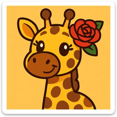a cute giraffe with a red rose behind her ear, playful cartoon style sticker