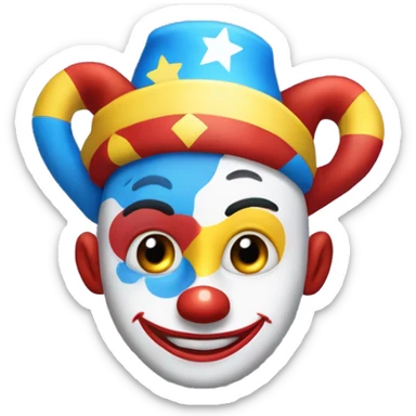 Design an animated harlequin clown character with a blue, red, and yellow outfit, a typical hat with yellow balls on the tips, a white face with rosy cheeks, large eyes with star-shaped pupils, and a mischievous smile sticker