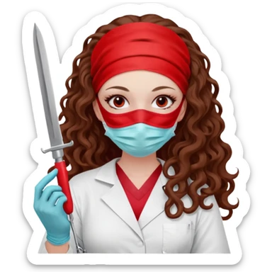 Lilith symbol seductress long curly hair evil surgeon.  brown hair. Red surgical mask and hair covering. She works for cartel and kills  with a scalpel. sticker