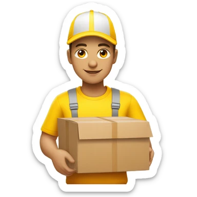 a delivery person with a yellow outfit with some red lines like the DHL logo. The delivery person carry somes carton boxes. sticker