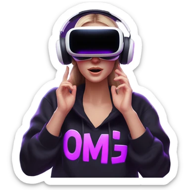 Russian girl wearing black hoody with violet letters "OMG", in vr headset oculus quest2. Dancing. Cyberpunk style. Violet neon. sticker