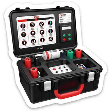 An open, black outdoor test case.Interior: control panel with colored test jacks, USB ports, and a power outlet. A red test probe is located next to it. On the left side of the case is a large roll of white, round test labels displaying QR codes.  sticker