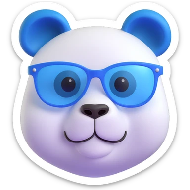 3D emoji of a playful and modern panda face inspired by classic panda emoji, with white and rich blue color scheme #002FA7 instead of black, wearing stylish white translucent designer glasses, smooth 3D finish sticker