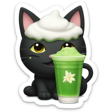 Cute Black Cat with a cup of iced matcha  sticker