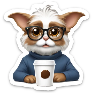 Cute and real gizmo from gremblins studyng with glasses and a coffee sticker