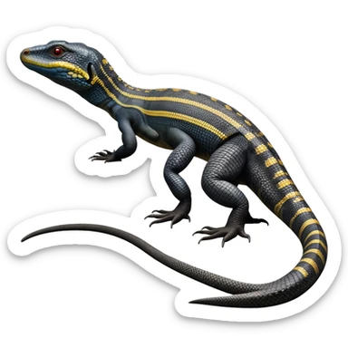 cinematic-monitor-lizard-realistic-full-body-standing on all fours-emoji,-long-powerful-tail-dragging-slightly-behind,-sleek-scaled-body-textured-with-rich-patterns and stripes,-head-tilted-dramatically,-dark-intense-eyes-observing-its-surroundings,-simplified-yet-realistic-focused-features,-highly-detailed,-glowing-with-an-almost-sarcastic-glow sticker