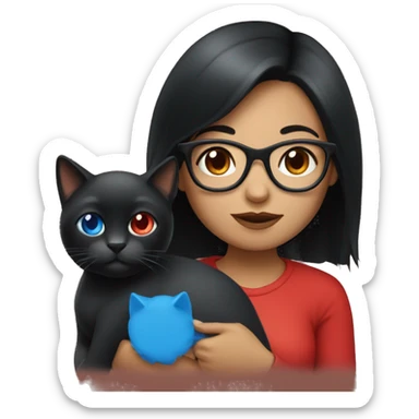 A black hair girl with glasses with a red cat with blue eyes sticker