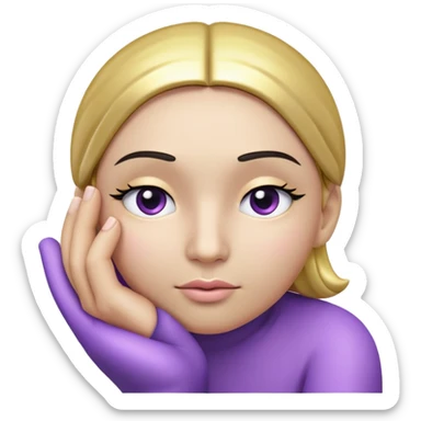 "A three-dimensional spherical face in light purple with a shiny effect, showing a thoughtful or hesitant expression. Its eyebrows are slightly tilted, and its eyes are half-closed, giving a puzzled look. The mouth is slightly curved to one side. One of its hands, in gold color, raises the index finger to touch the chin in a thinking pose. The background is black with a soft glow around the face to add a modern effect."

 sticker