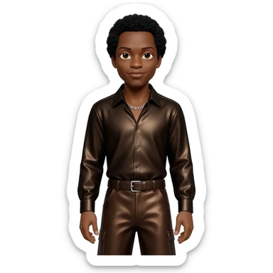 James Brown with dark brown eyes, black hair, dark brown metallic shirt, dark brown metallic baggy pants, silver necklace sticker