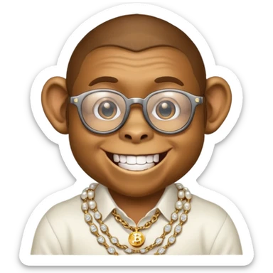 rich monkey with glasses smiling with diamond grillz and a bitcoin golden chain with diamond pearls sticker