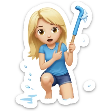 simple blond woman kneeling, surprised, big cartoon stick with D-shaped knob emerging from hanging pants, water splash into her mouth sticker