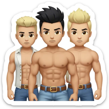 muscular boys in open shirts on in a hat and has black hair the other one has a fauxhawk and is blonde sticker