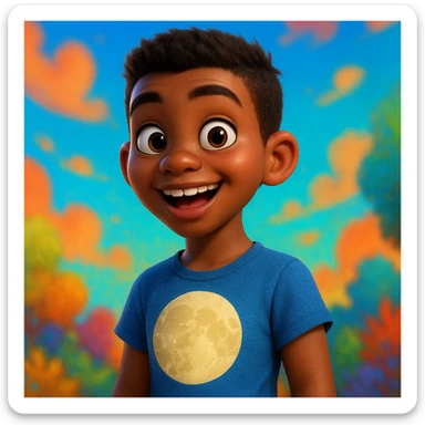 Pixar style young dark-skinned girl with short masculine hair, wearing a t-shirt with a moon design sticker