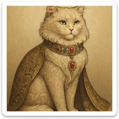 fancy cat, elegant, detailed, intricate patterns, regal pose, luxurious fur, ornate accessories, in a sophisticated style sticker