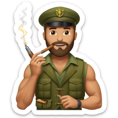 brauny vested bearded jungle commando smoking a cigar with a grin sticker