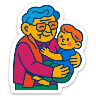 vibrant toon style old person holding a child in their arms sticker