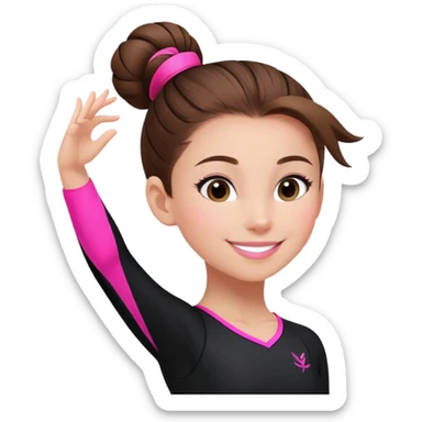 Happy female gymnast with brown hair in a neat bun, wearing a black uniform with neon pink elements. sticker