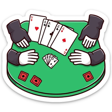 Pair of hands distributing playing cards on green felt table sticker