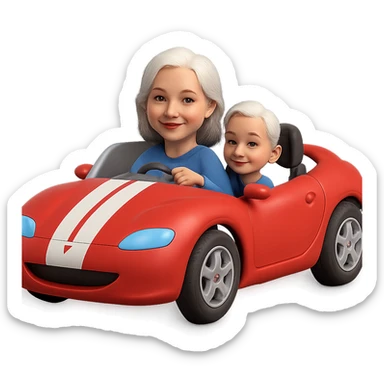 Make this mother with white hair driving a sports car look 10% more realistic in the style of 3D Emoji, keep the 3D emoji style, no background. sticker