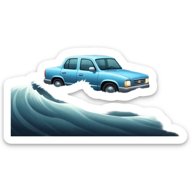 showing a flood disaster scene with strong water waves overflowing streets, partially submerged houses and cars, dark cloudy sky sticker