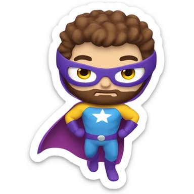 flying super hero, purple & yellow costume, white skin, blue eyes, chestnut brown hair & beard sticker