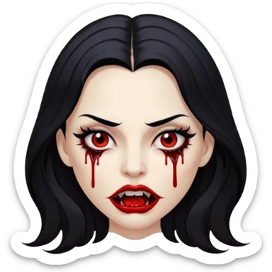 White woman with a white tank top long black hair glossy middle part long hair vamp look with fangs or blood dripping lips mouth closed brown eyes eyeliner winged with lashes top and bottom sticker
