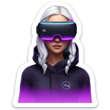 Daenerys Targaryen wearing a black hoodie with "OMG" letters on it and VR headset in a cyberpunk VR environment with violet neon lighting. sticker