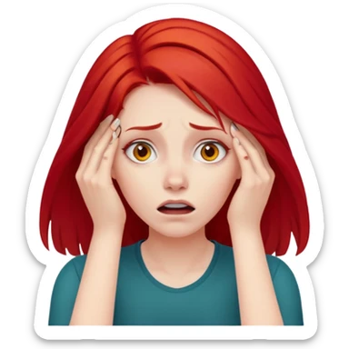 A realistic waist-up portrait of a frightened woman with her hands on her head and red hair sticker
