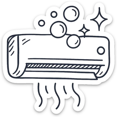 hand-drawn outlined icon of air conditioning cleaning, playful style, AC unit with bubbles sticker