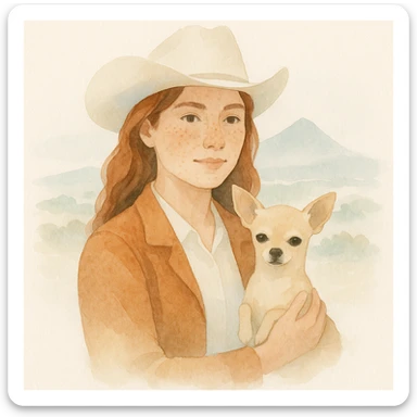 portrait of a cowgirl woman wearing a cream shirt and cognac jacket, freckles, tanned skin, hazel eyes, auburn hair, holding a beige chihuahua in her arms, blurred background of Tenerife, watercolor style sticker