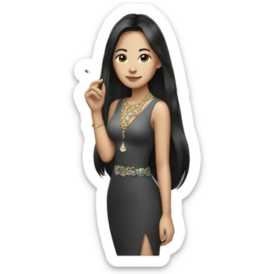Asian brunette with long hair wearing jewelry smoking sticker