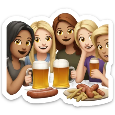 Five white girls drinking pints of beer and eating sausage sticker