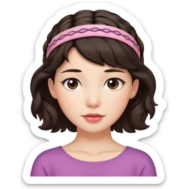 beautiful brunette with short wavy hair and  bands who looks straight ahead, snow-white skin, blush, slightly Asian sticker