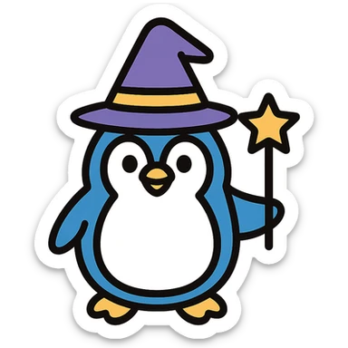 A penguin wizard with a pointy hat and a magic wand sticker