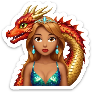 A gorgeous woman with dragon featured with glittering jeweled scales covering her body. She has large almond shaped eyes, lush lips, and she wears a stunning luminescent gown. sticker