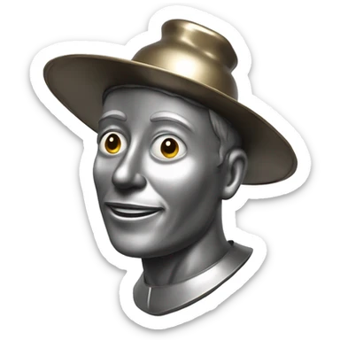 a man made entirely of tin, with a gleaming metallic body composed of smooth, jointed plates, a round head featuring simple facial details, a funnel-shaped hat on top sticker