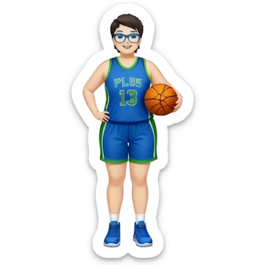 Full Body plus size white female basketball player with short dark hair with highlights spike hair wearing blue glasses  wearing blue green uniform smiling sticker