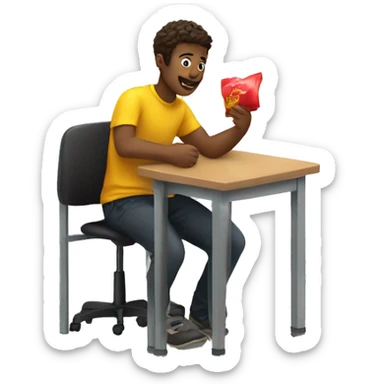 European students sitting at desks. They are throwing one bag sticker