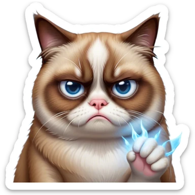 Cinematic Meme-Worthy Grumpy Cat meme Portrait Emoji, Head held high but eyes filled with dramatic disappointment, soft brown fur , white paws planted firmly in defiance, signature grumpy cat frown perfectly etched on its face, icy-blue eyes radiating pure disapproval, Simplified yet hilariously over-exaggerated features, highly detailed, glowing with an aura of supreme annoyance, high shine, exhausted yet judgmental, stylized with an almost regal pettiness, bright but brooding, soft glowing outline, capturing the essence of a feline that has seen it all and is thoroughly unimpressed, so meme-worthy it feels like it could instantly become the next viral sensation of grumpiness! sticker