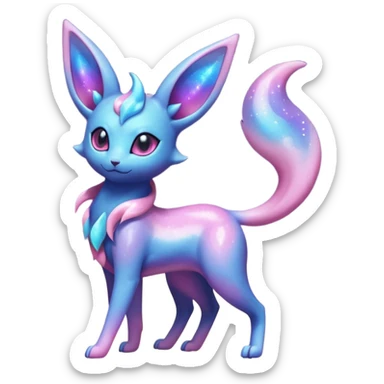 Shiny Iridescent Nebulae Espeon-Umbreon-Sylveon-Dragonair-Fakémon-hybrid-creature (full body)  with a galaxy-dust-flowing-gradient-tail sticker