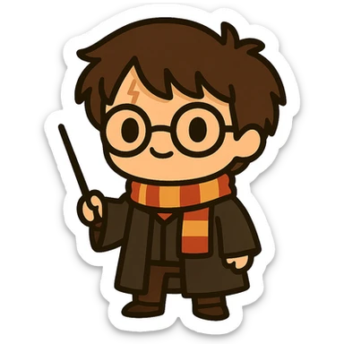 Full body illustration of Harry Potter in a cute, cartoon, simplified style matching the previous hippogriff. Features include round glasses, forehead scar, dark brown hair, striped scarf, holding a wand, wearing Hogwarts robe. Use bold black lines and soft colors. sticker
