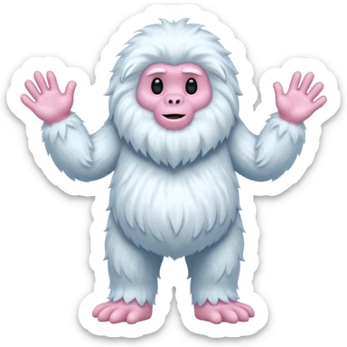 A fluffy, white creature resembling a yeti stands upright, featuring a round body and long, shaggy arms. Its face is smooth with a simple, flat mouth and no visible eyes. The hands and feet are pink with claw-like digits, and the creature has a whimsical, cartoonish appearance sticker
