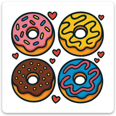 decorated donuts with hearts, vibrant and cheerful style sticker
