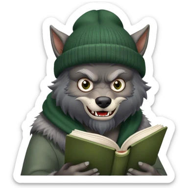 werewolf wearing a dark green beanie reading a book sticker