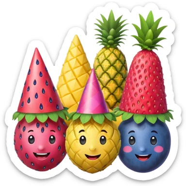 strawberry, blueberry, raspberry, banana, mango, pineapple pink lady apple having a party sticker