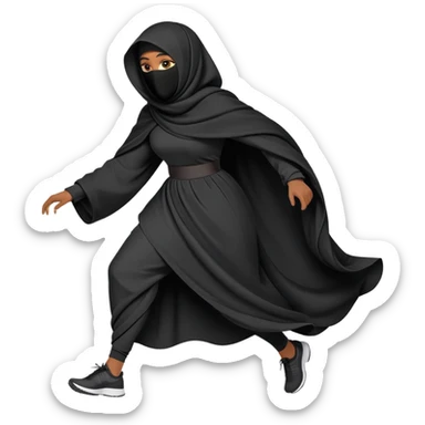 woman in a black niqab and oversized garments, running, dynamic pose sticker