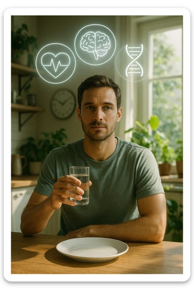A realistic, cinematic illustration of a healthy, calm man in his early 30s sitting in a bright kitchen in the morning, with an empty plate in front of him and a glass of water in his hand, looking serene and focused. Behind him, the background shows subtle symbols of health: green plants, sunlight streaming in, and a blurred wall clock showing 10:00, symbolizing the fasting window. Above the man, a translucent overlay of medical icons (heart, brain, DNA strand) glows softly, illustrating that intermittent fasting acts as a powerful medicine, not merely a diet. The color palette is fresh and natural, emphasizing health, clarity, and focus. The style is realistic with slight cinematic tones, conveying that the man is using intermittent fasting as a tool for cellular regeneration, inflammation reduction, and health optimization rather than weight loss sticker