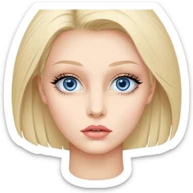 Bonnie Blue Porträt einer jungen Frau mit ovalem Gesicht, großen hellblauen Augen, langen Wimpern und geschwungenen Augenbrauen. Gerade, feine Nase und volle Lippen mit sichtbarem Lächeln. Glatte, leicht gebräunte Haut mit natürlichem Glow. Schulterlanges, blondes Haar mit Locken und Mittelscheitel sticker