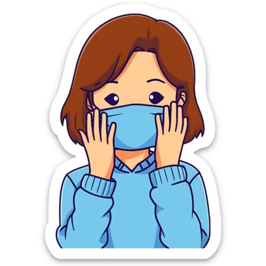 brunette girl with brown hair wearing pastel blue clothes covering her face with her hand sticker