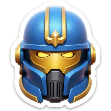 Clash of Clans aesthetic: Cinematic Playful Space Marine Helmet Emoji, rendered in a 3D vector-style similar to standard emojis with minimal shading and bold, simplified shapes. A compact, heroic isometric helmet with futuristic, armored detailing and a glowing visor, softly glowing with a battle-ready cosmic charm. Simplified yet unmistakably iconic, highly detailed and consistent, glowing with a soft radiant shine and high gloss. Stylized with a touch of interstellar valor and a soft glowing outline, capturing the essence of an elite warrior’s helm with a friendly, playful spirit! sticker